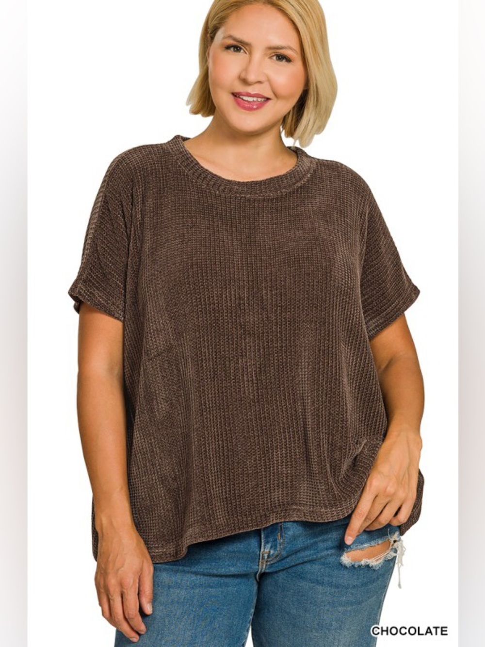 Chocolate Zenana PLUS CHENILLE WAFFLE CAP SLEEVE SWEATER